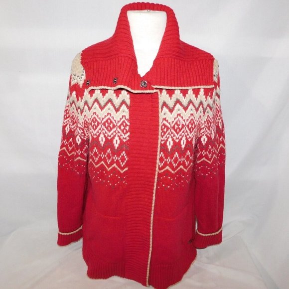 Eddie Bauer Women L Red Tan Fair Isle Full Zip Cardigan Sweater Convertible neck - Picture 1 of 15